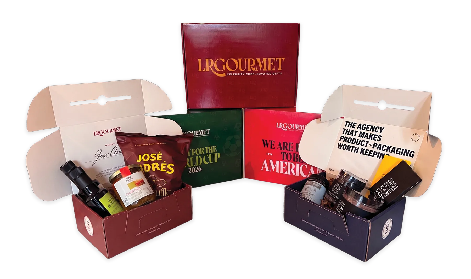 Assortment of LR Gourmet corporate gift boxes, including a José Andrés collaboration box with olive oil and escalivada, and a customizable gourmet gift set with spices and sauces